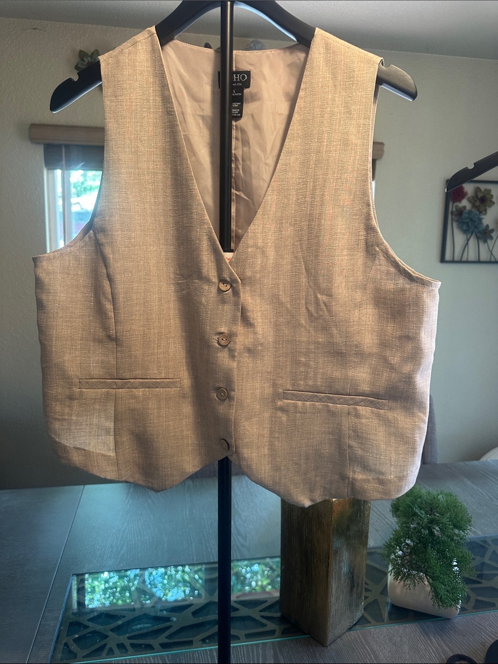 Woman’s Beige linen Dress Vest. Perfect paired up with a pair of denim jeans.